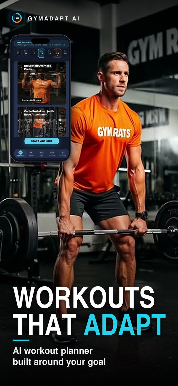 GymAdapt AI workout screen: your plan, sets and weights for today