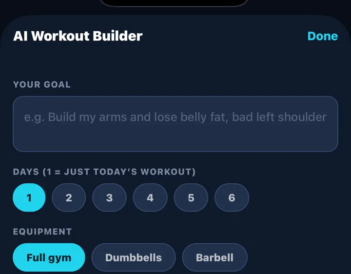 AI workout builder: goal, days, equipment